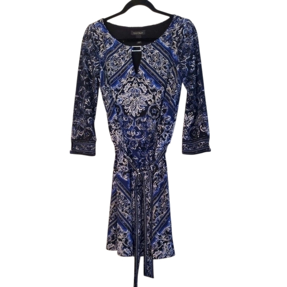 White House Black Market Blouson Scarf Print Blue and Black 3/4 Sleeve Dress M